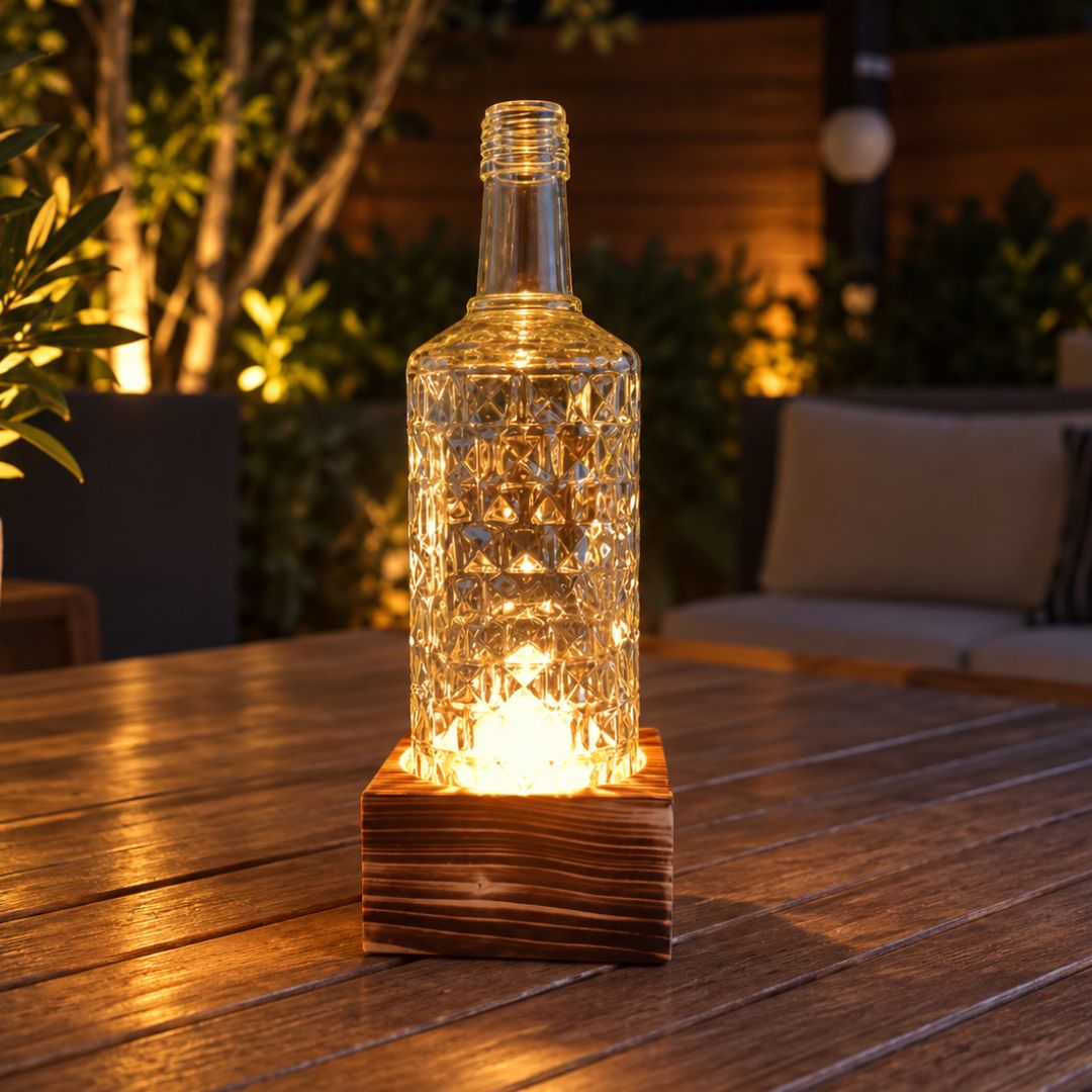 Kerzenhalter aus recycelter Flasche mit Holzsockel – 1-flammig