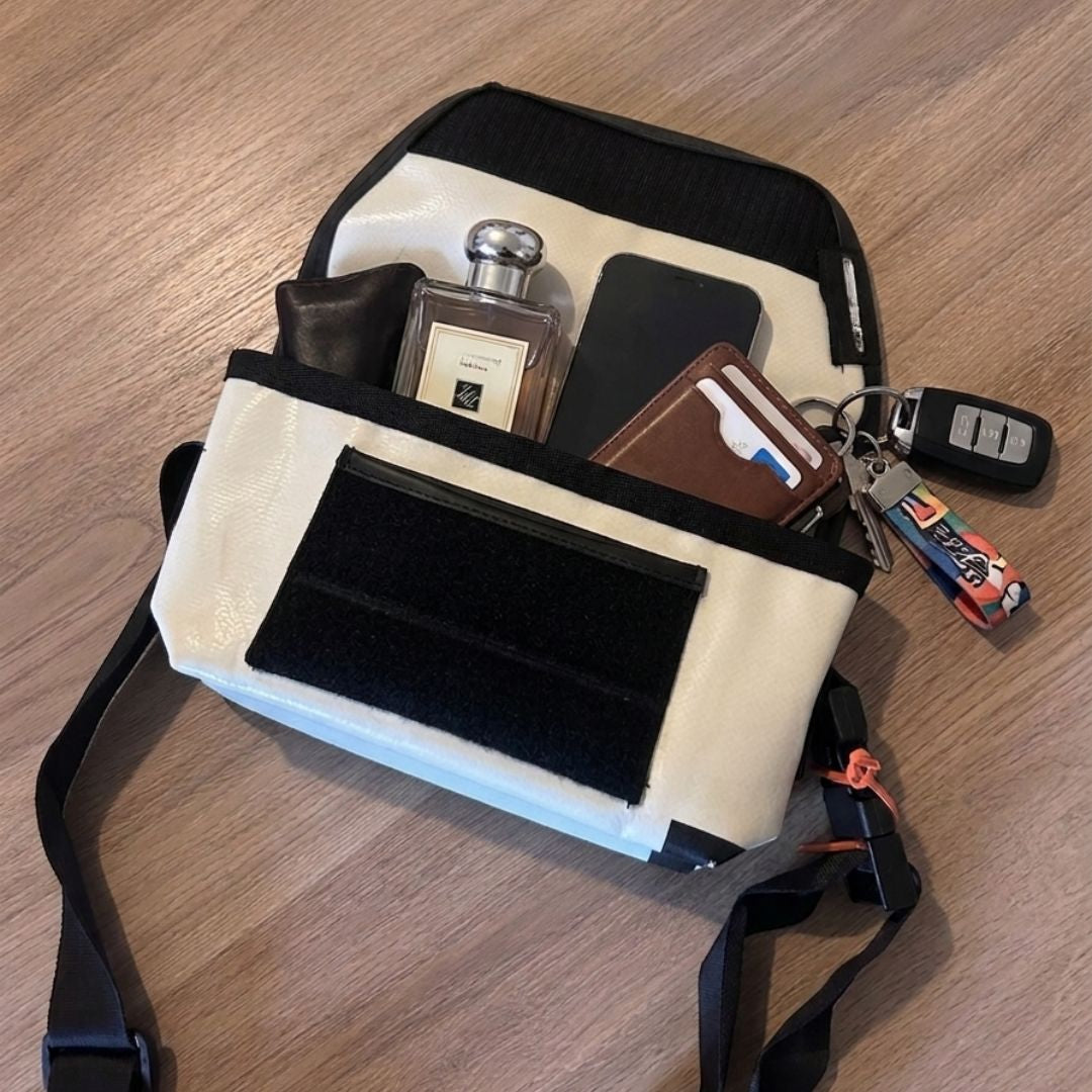 White and Orange Recycled Truck Tarp Handbag – 3-Way Convertible Bag