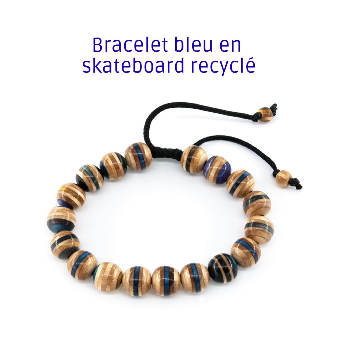 Bracelet bleu en skateboard recyclé – bracelet en perles de bois