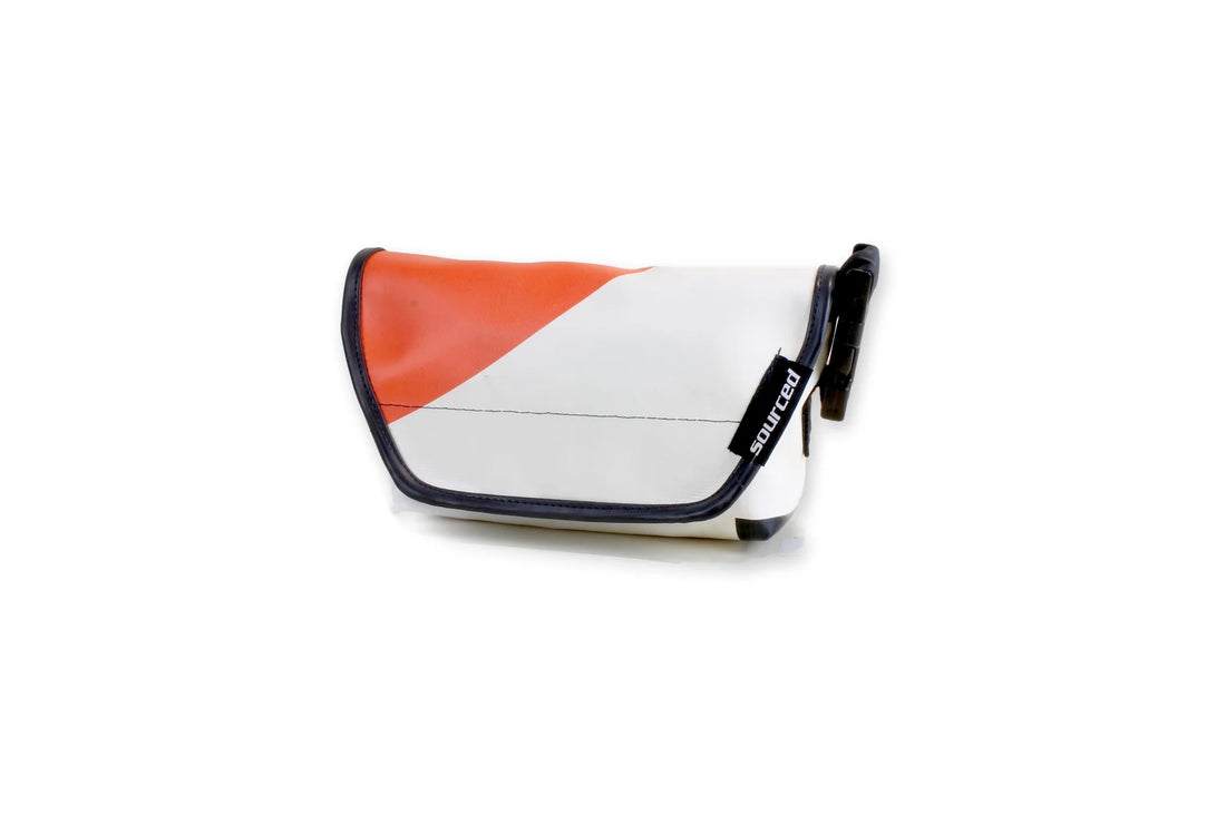 Sac blanc et orange en bâche de camion recyclée – sac convertible 3-en-1
