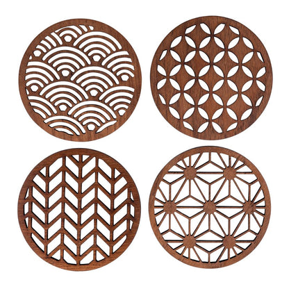 Japanese Patterns Upcycled Teak Wood Coasters – Set of 4 