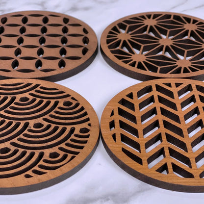 Japanese Patterns Upcycled Teak Wood Coasters – Set of 4 
