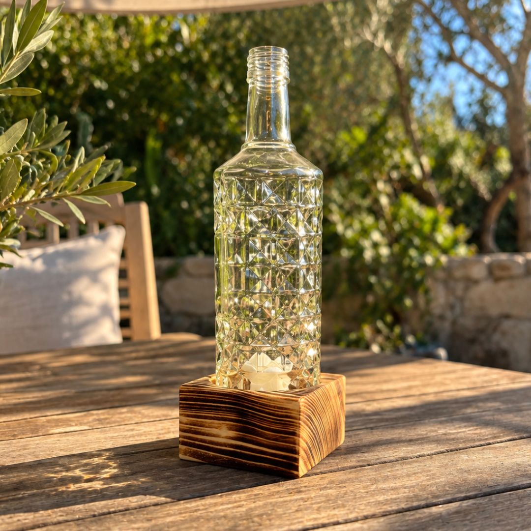 Kerzenhalter aus recycelter Flasche mit Holzsockel – 1-flammig