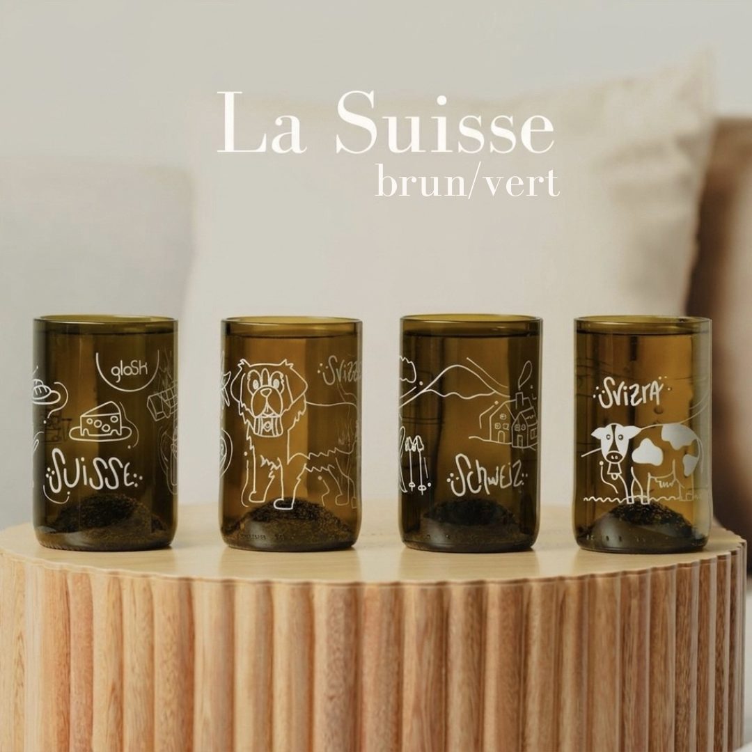 Schweiz - Set aus 4 grünen/braunen recycelten Gläsern