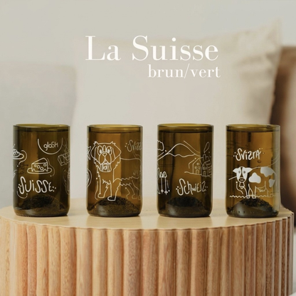 Schweiz - Set aus 4 grünen/braunen recycelten Gläsern