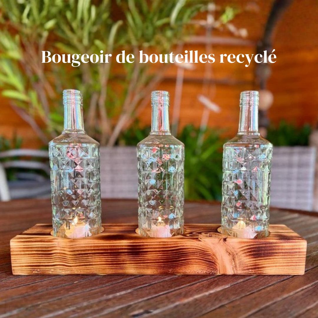 Bougeoir triple en bouteilles recyclées avec socle en bois