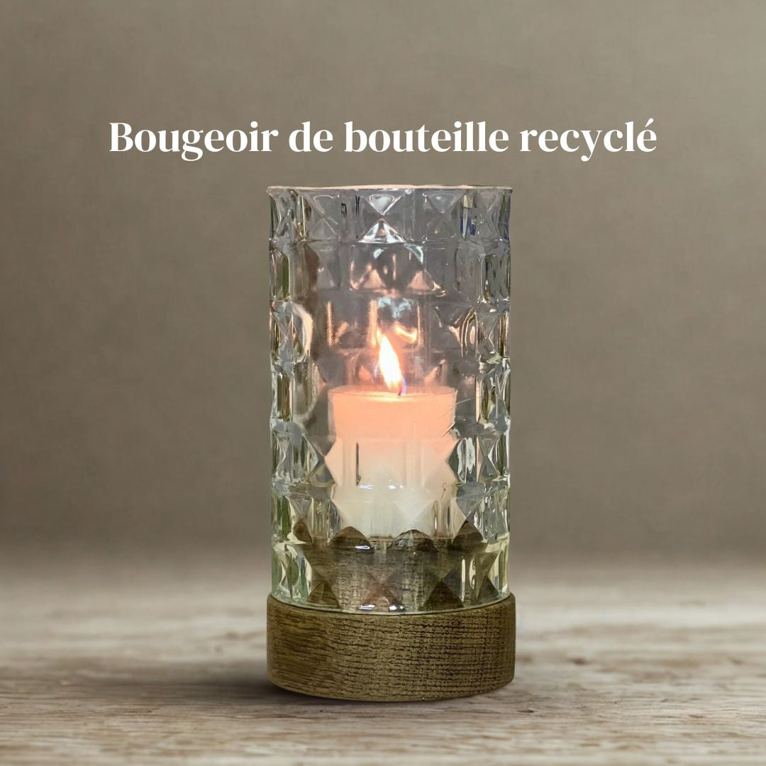 Recycled bottle tealight holder with wooden base