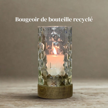 Recycled bottle tealight holder with wooden base