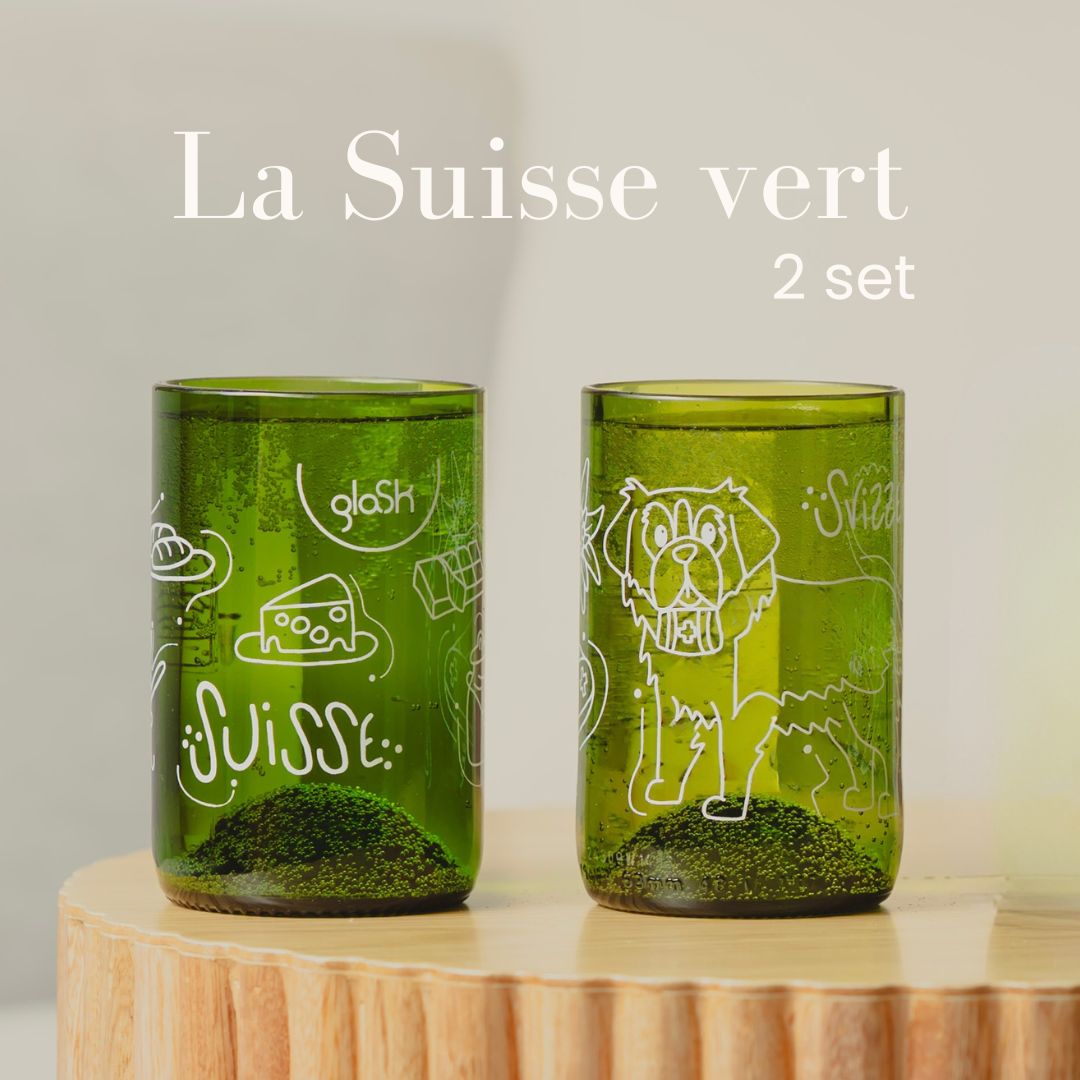 Schweiz - Set aus 2 grünen/braunen recycelten Gläsern