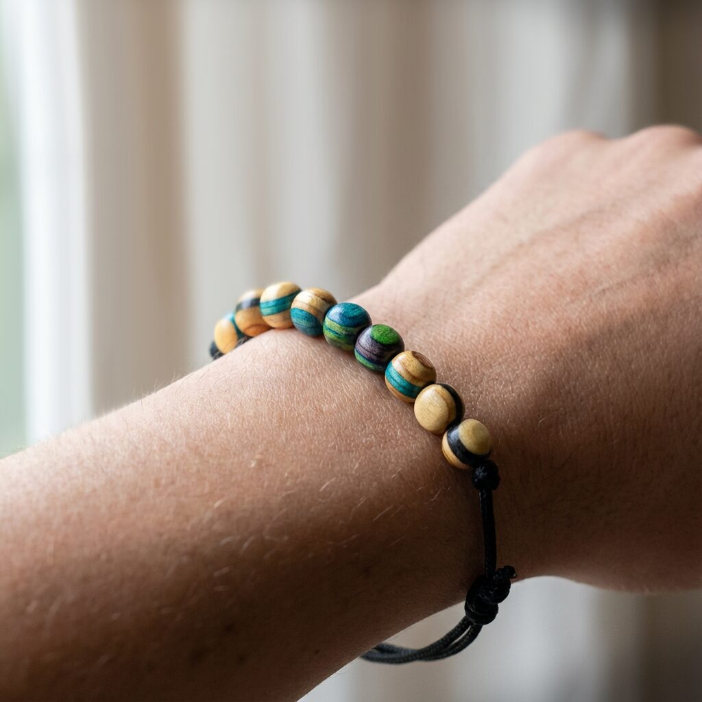 Bracelet minimal en skateboard recyclé – bracelet en perles de bois