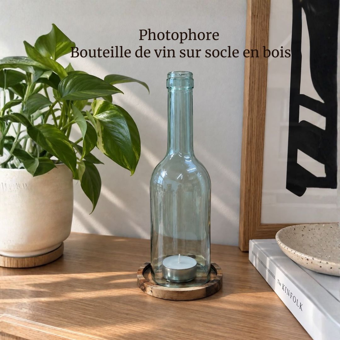 Windlicht – Upcycling-Weinflasche auf Holzsockel