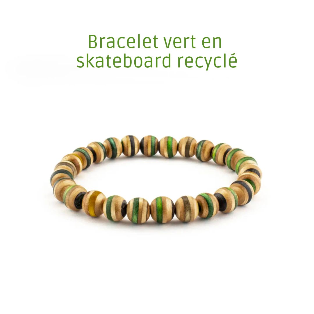 Green Recycled Skateboard Bracelet – Stretch Wood Bead Bracelet