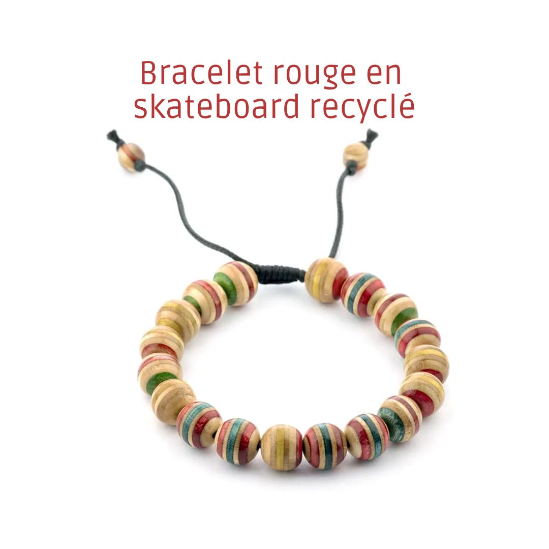 Rotes Armband aus recyceltem Skateboard – Holzperlen-Armband