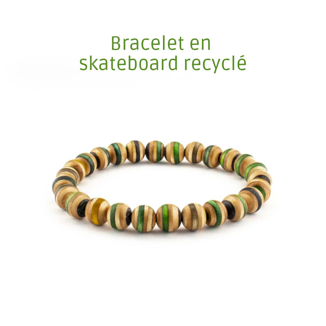 Green Recycled Skateboard Bracelet – Stretch Wood Bead Bracelet