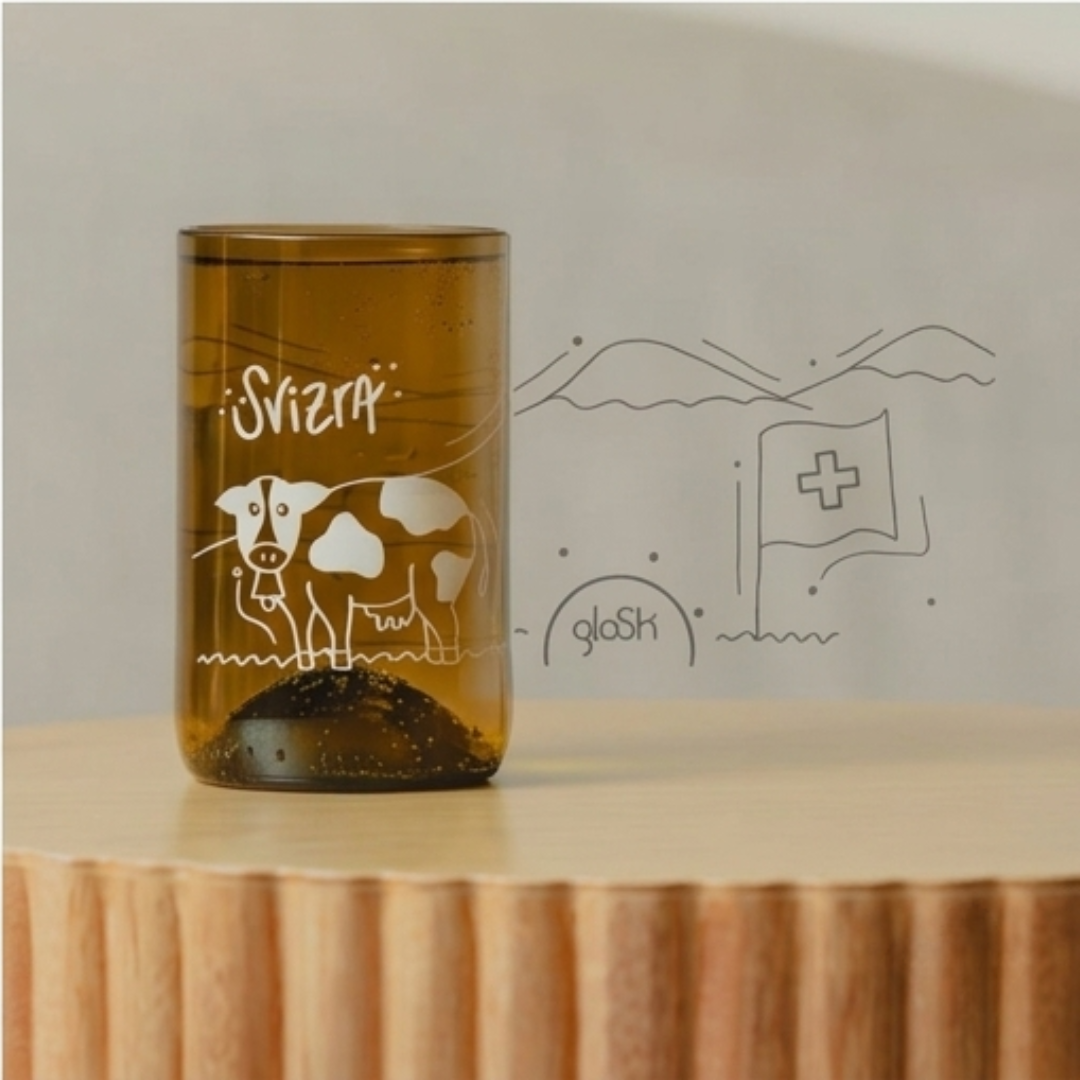 Schweiz - Set aus 4 grünen/braunen recycelten Gläsern